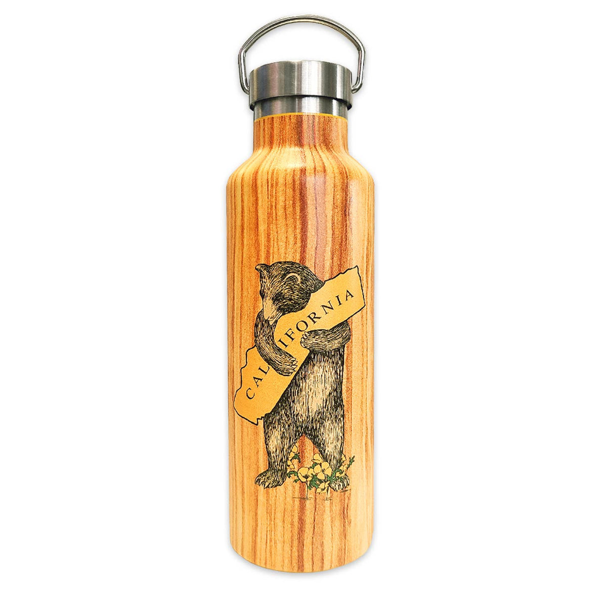 Wooden water bottle with bear and California banner design on a white background