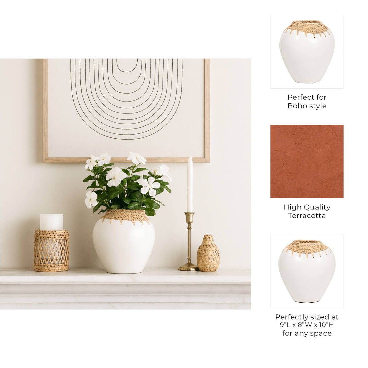 Decorative setting with a white vase, plant, and candles on a shelf, with additional product details.