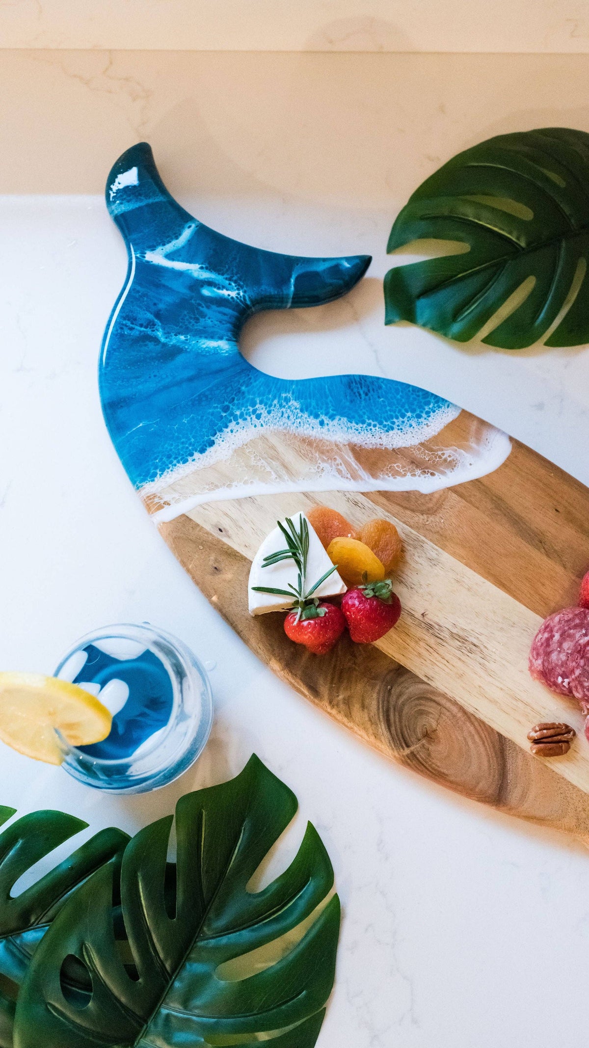 Whale-Shaped Acacia Wood & Ocean Resin Charcuterie Board