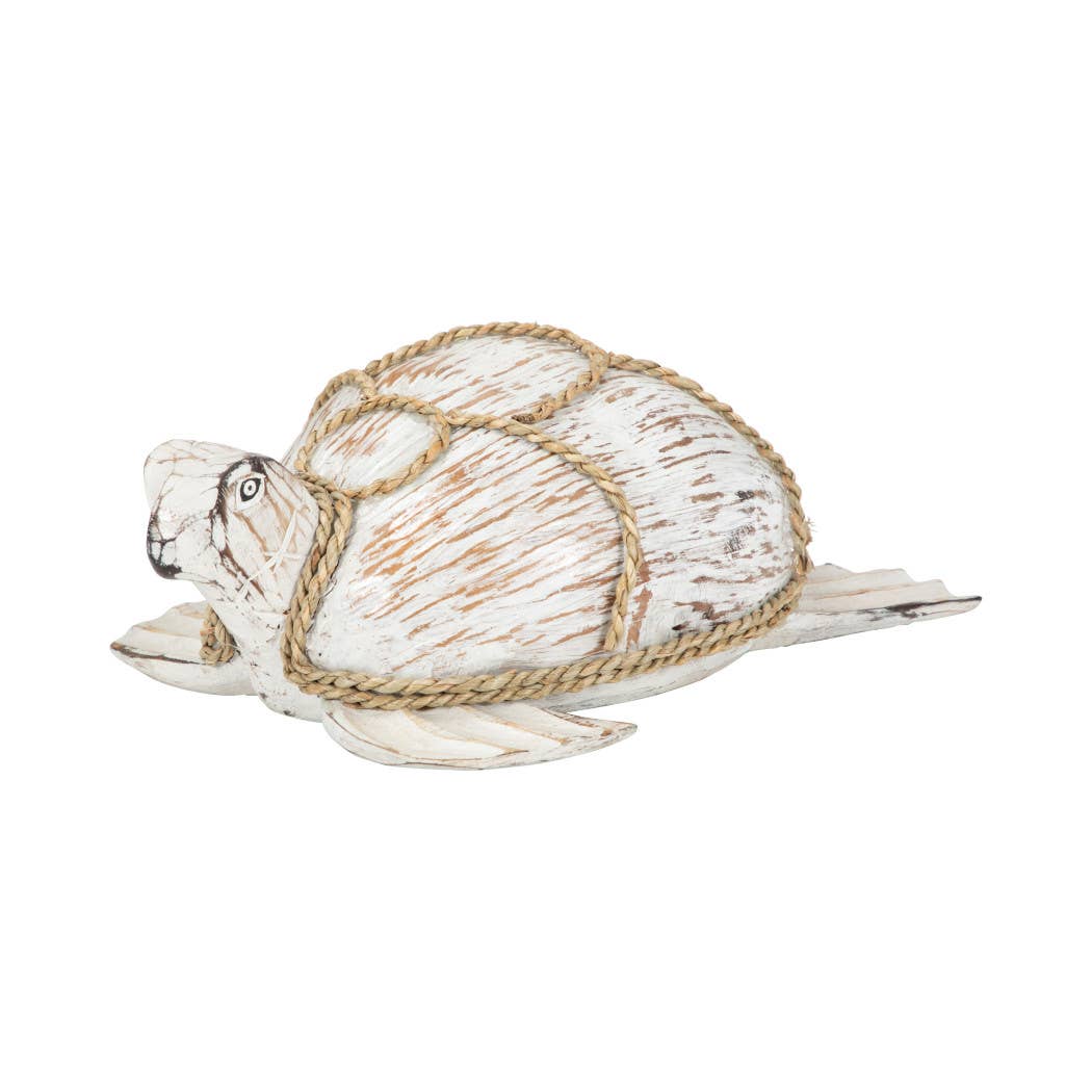 White Wood Coastal Rope Turtle Figurine (5")