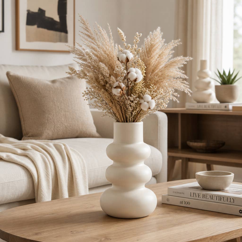 A cream-colored ceramic vase with a stacked, rounded design holding a dried floral arrangement of pampas grass, cotton bolls, and small wildflowers, placed on a wooden coffee table in a softly lit living room.