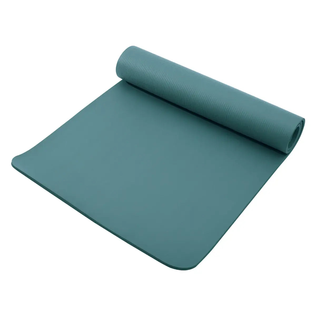 A teal yoga mat, partially unrolled with the top section rolled up, shown against a plain white background.