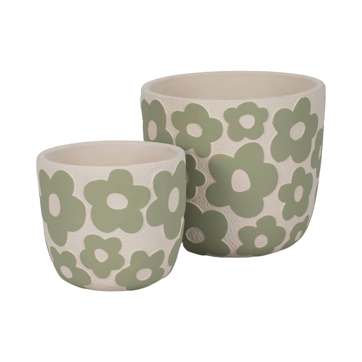 Two ceramic planters in different sizes with a repeating green daisy pattern on a textured off-white background, shown on a plain white studio background.