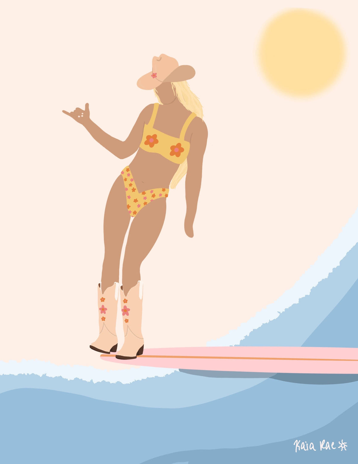 A stylized illustration of a woman in a yellow bikini with orange floral patterns, a cowboy hat, and cowboy boots standing on a surfboard with blue water and a yellow sun in the background.
