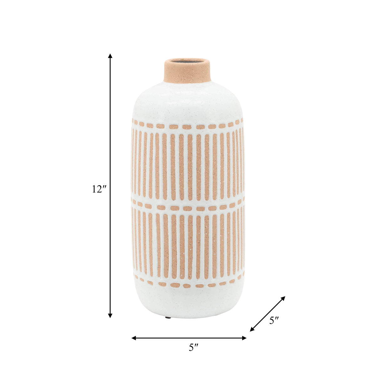 A white ceramic vase with a natural wood neck and vertical tan stripe patterns, shown with dimension arrows indicating a height of 12 inches and base dimensions of 5 inches by 5 inches on a white background.