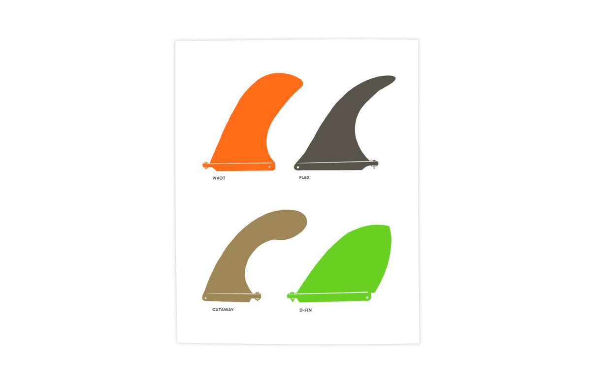 A color options chart showing four surfboard fins in different colors: orange, dark gray, tan, and bright green, labeled 'Rough', 'Flat', 'Cruiser', and 'Sting' on a white background.
