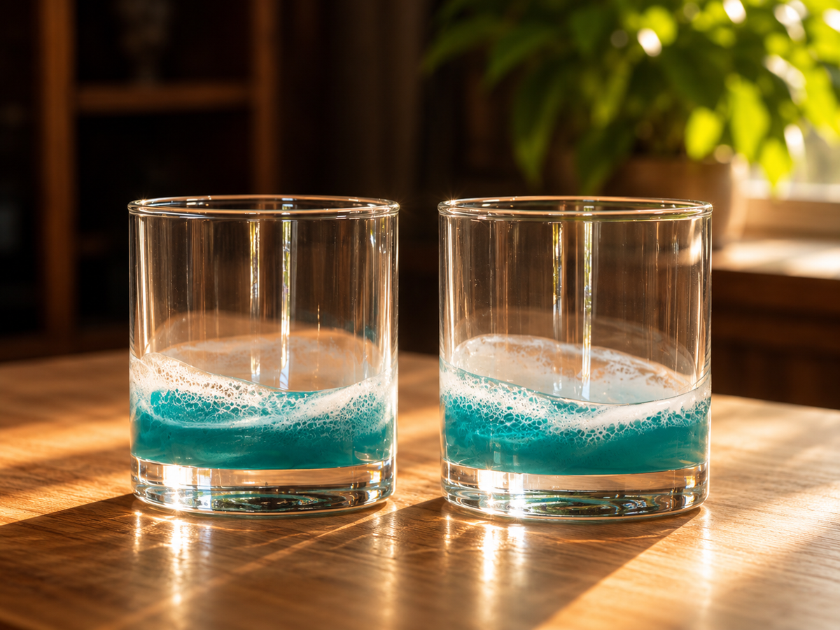 Two clear rocks glasses filled with bright blue liquid and white foam, placed on a wooden table in warm sunlight with a blurred indoor background.