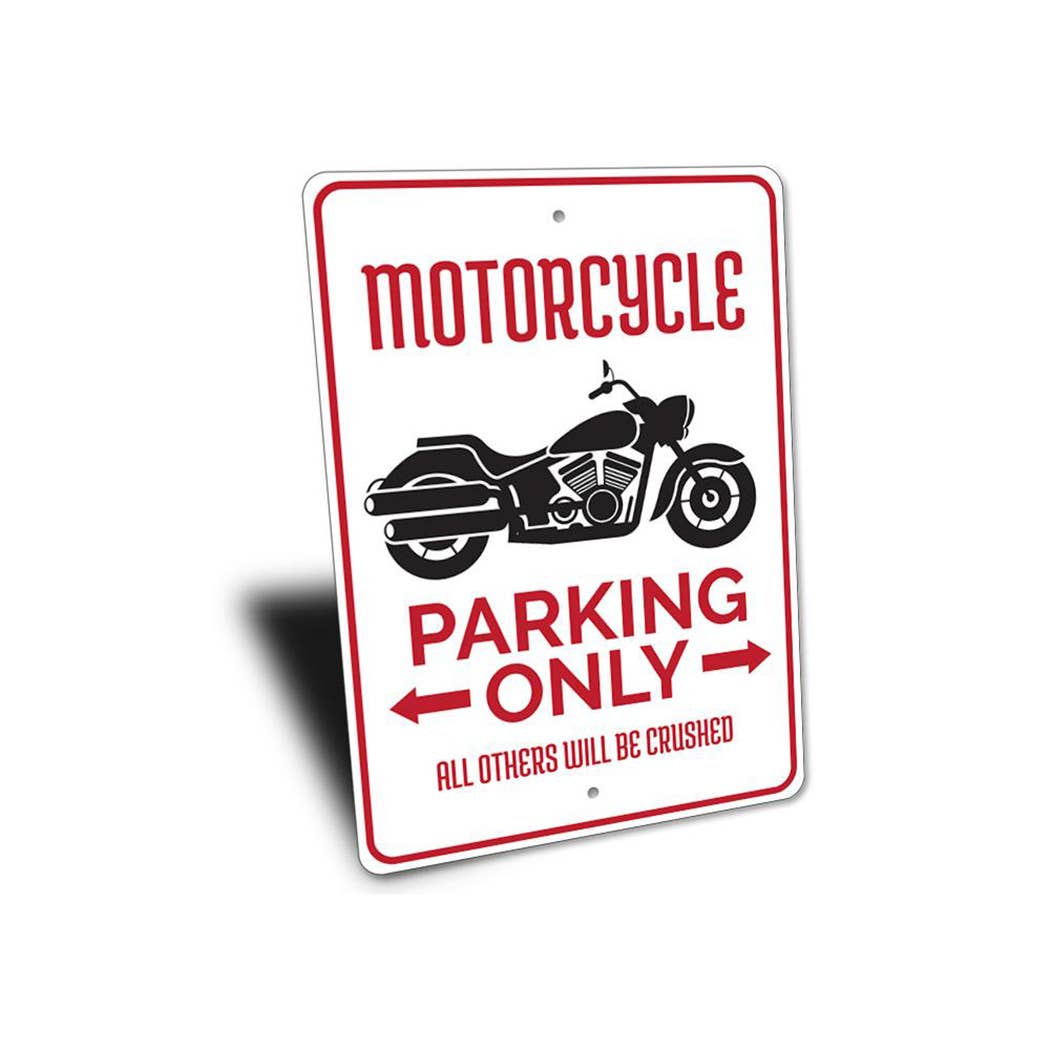 Motorcycle parking only sign with a red border and black motorcycle illustration on a white background.