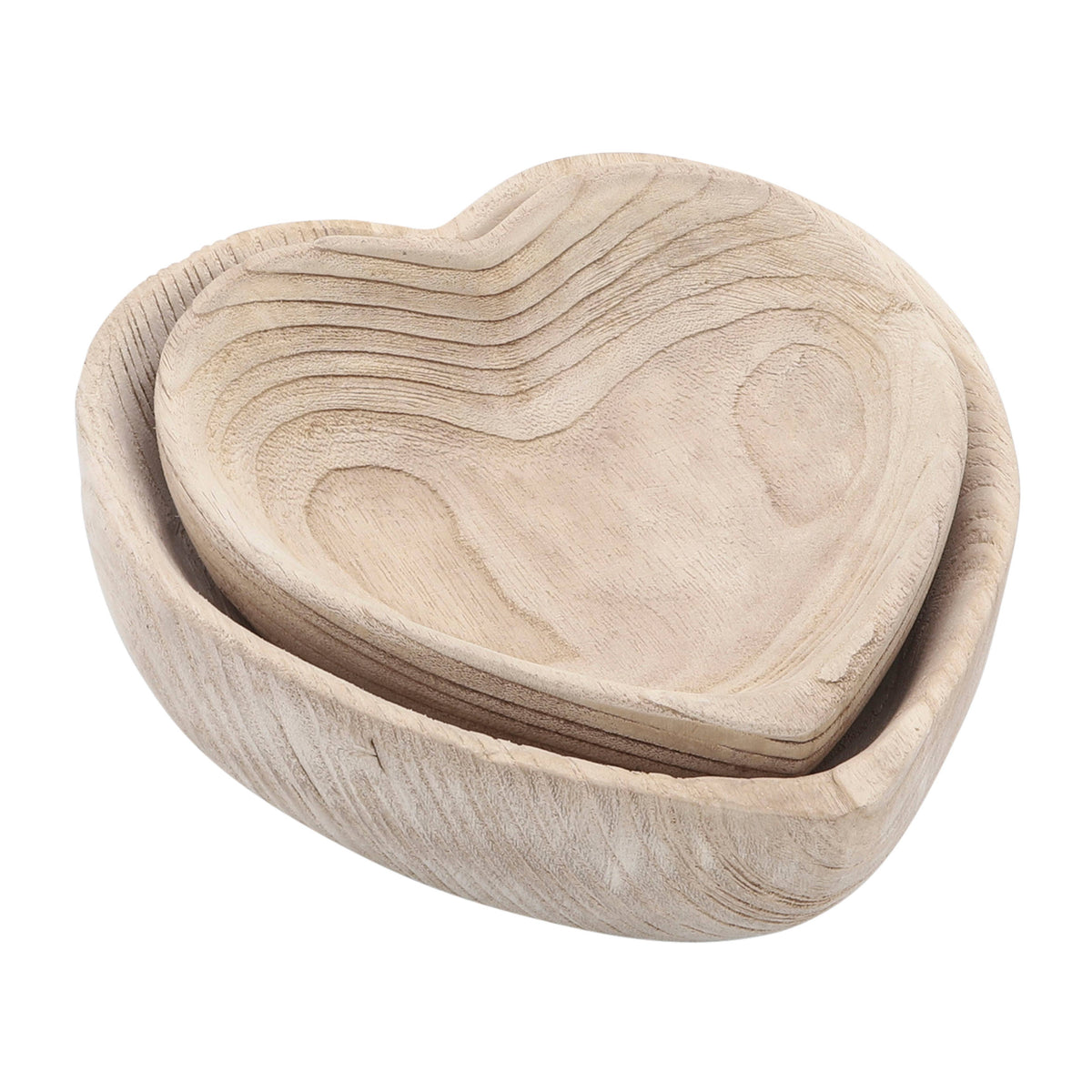 Heart-shaped wooden bowls on a white background