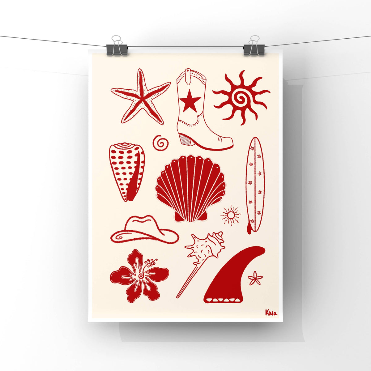 Poster with red illustrations of a starfish, boot, shell, and other elements on a white background.