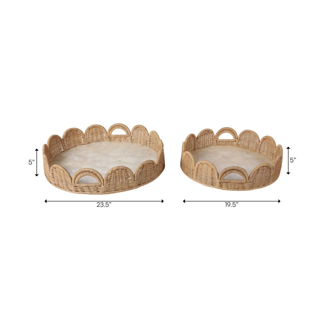 Two rattan baskets with decorative edges and measurements on a white background