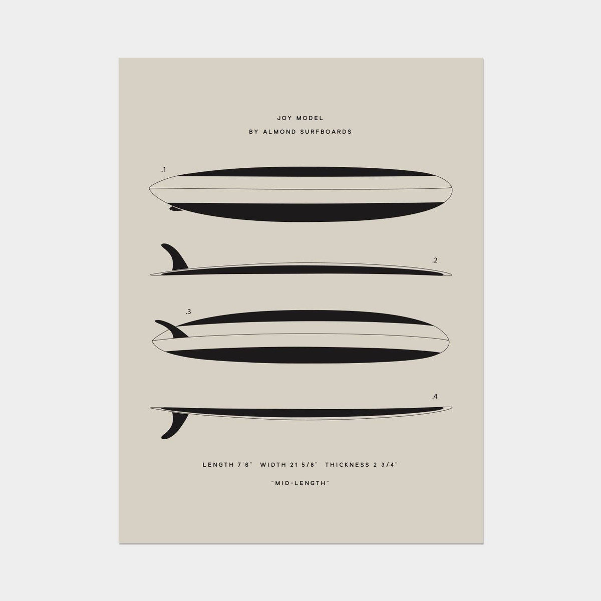 A minimalist art print featuring black surfboard side-profile illustrations and text on a warm beige background, shown against a light gray backdrop.