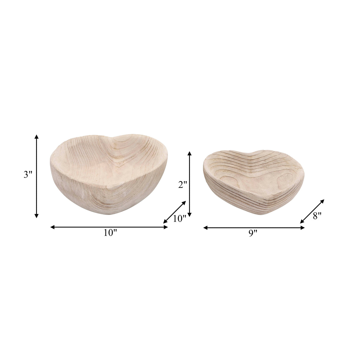 Two heart-shaped wooden bowls shown on a white background with dimension arrows and labels indicating width and height for each size.