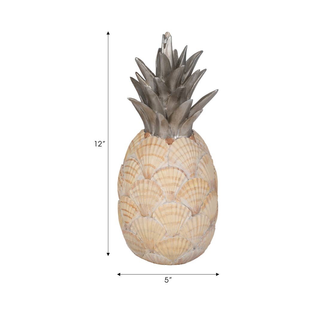 Decorative pineapple made of seashells with dimensions on a white background
