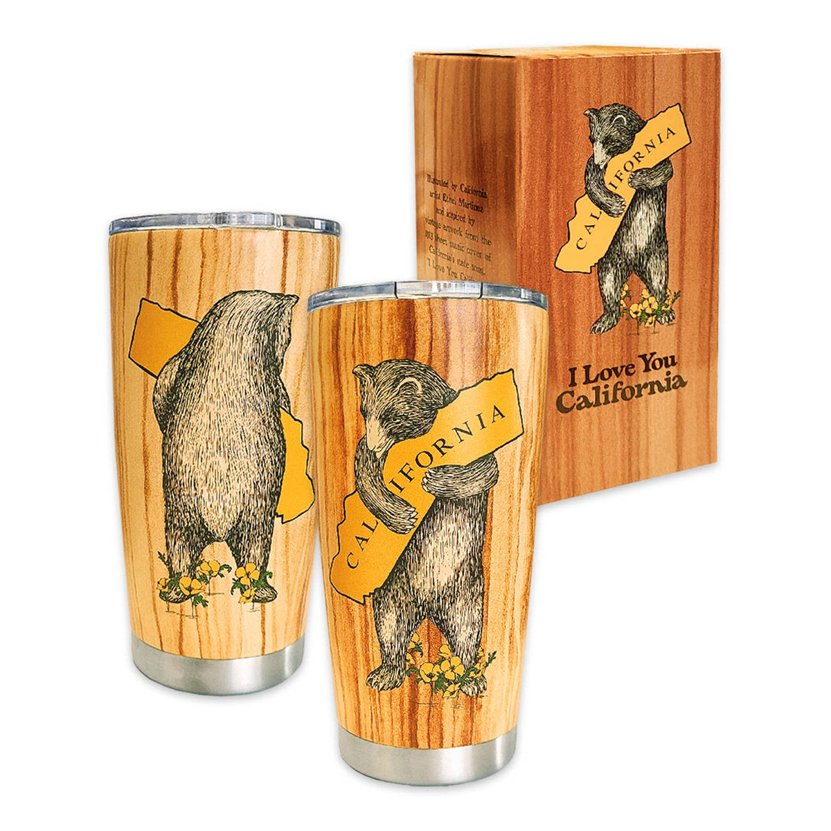 Two wood-look insulated tumblers with a polar bear illustration holding a California sign, shown with a matching wooden box on a white background.