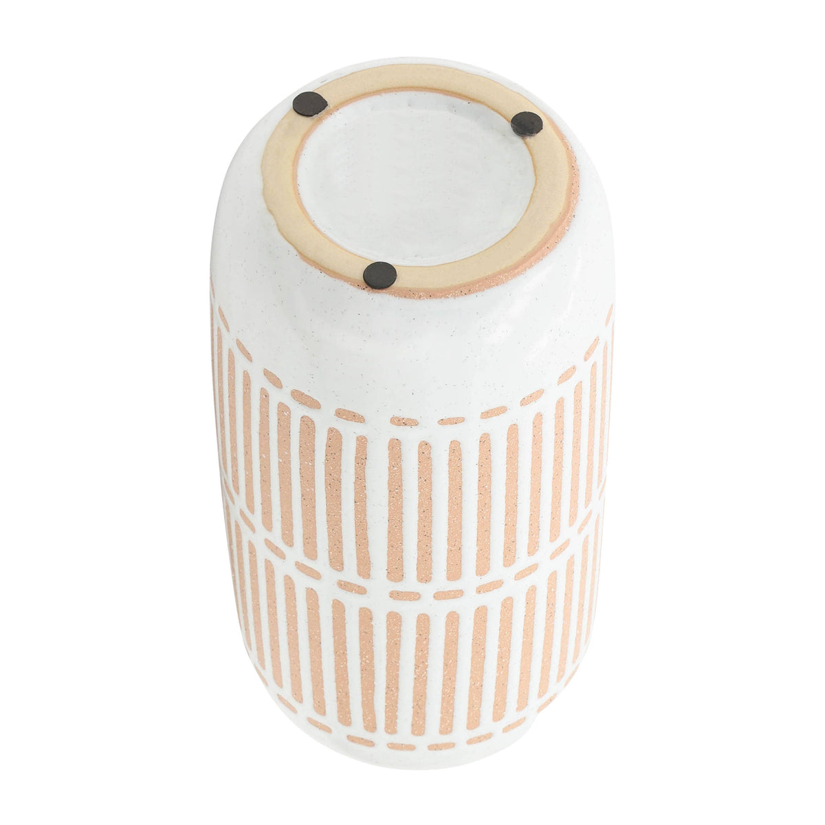 A small cylindrical ceramic vase with a white body, peach vertical stripe pattern, and a light peach rim on the top opening, shown on a white background.
