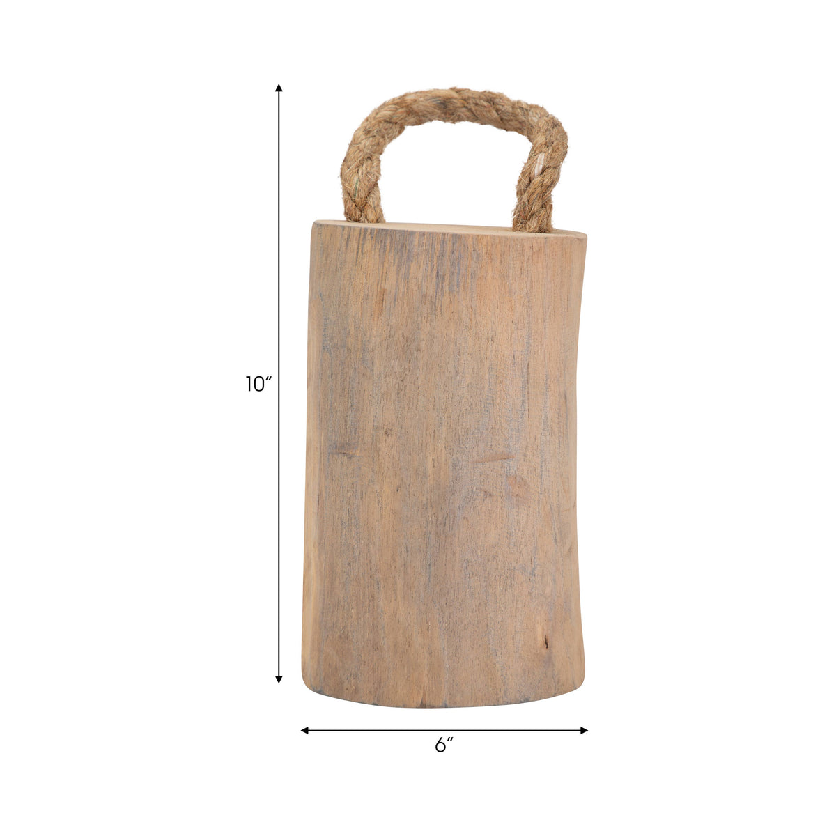 Wooden bell with a rope handle and dimensions on a white background