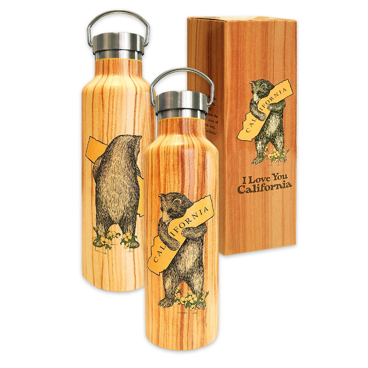 Wooden water bottles with bear design and 'I Love You California' text, accompanied by a matching wooden box.