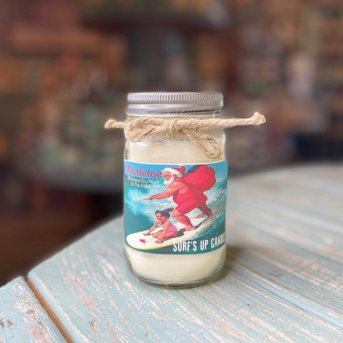Mistletoe Surfing Santa Mason Jar Candle - Vintage Collection: 26oz Jumbo