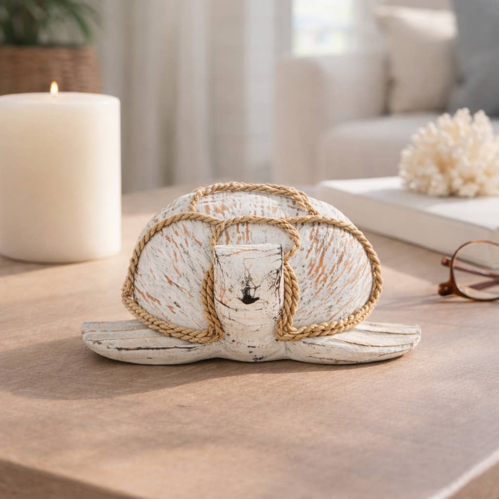White Wood Coastal Rope Turtle Figurine (5")