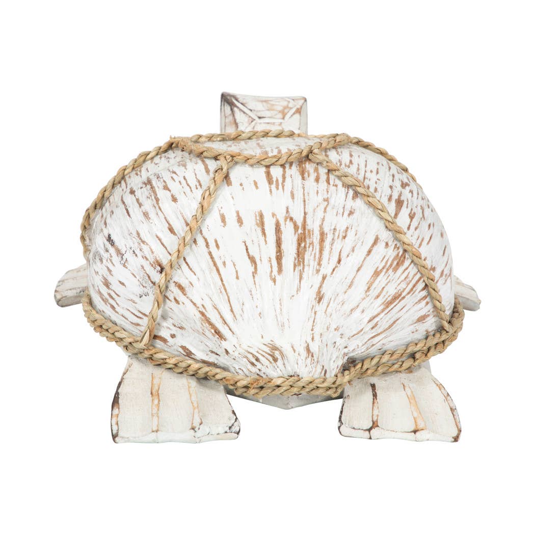 A decorative seashell-shaped container or box with a distressed white finish, brown wood-like streaking, and natural rope wrapped around it, shown on a plain white background.