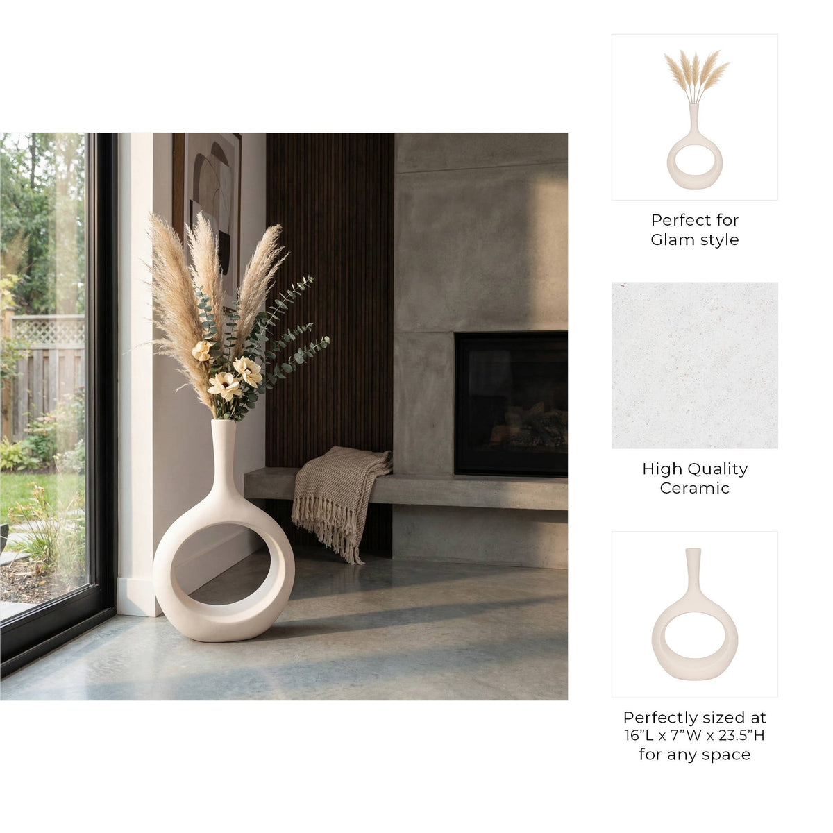 A beige ceramic vase with a large circular cutout base, shown in a modern interior setting with dried pampas grass and flowers. The right side includes three informational panels with icons and text reading 'Perfect for Glam style,' 'High Quality Ceramic,' and 'Perfectly sized at 16" L x 7" W x 23.