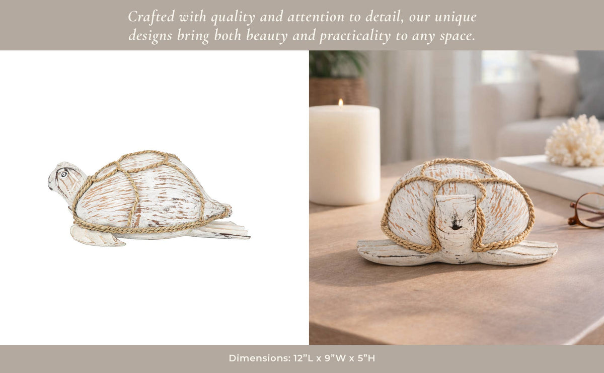 A decorative turtle-shaped lamp or holder shown in a split layout: a white version on a plain white background on the left, and a beige version styled on a tabletop beside a candle in a real interior setting on the right. Text at the top describes quality and attention to detail, and dimensions are shown at the bottom.