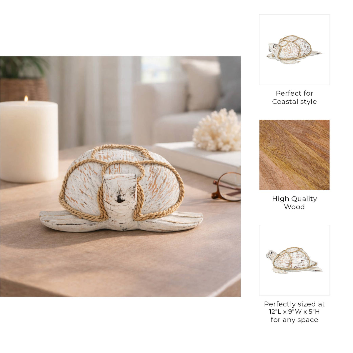 A decorative turtle-shaped candle holder made from distressed white wood and natural rope, displayed on a tabletop in a softly lit interior. The left panel shows the product in use, while the right panel includes three inset callouts: a small turtle illustration for coastal style, a wood grain texture labeled high quality wood, and a turtle illustration noting size suitability.