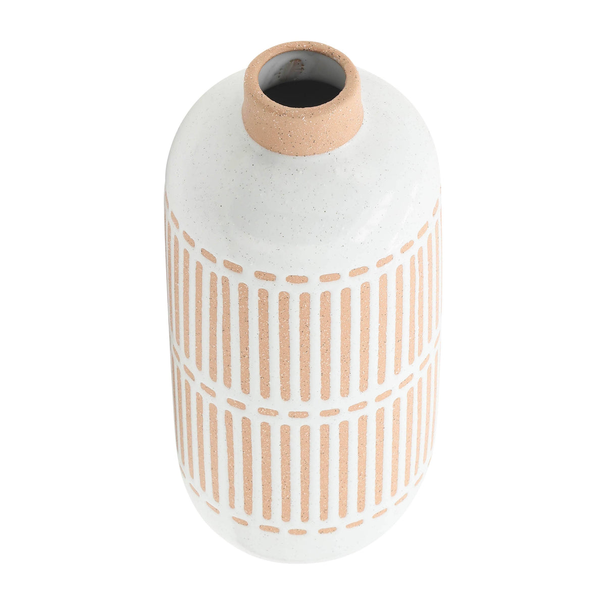 A small ceramic vase with a rounded body, a textured off-white glaze, and a terracotta-colored rim, decorated with vertical peach-colored stripes.