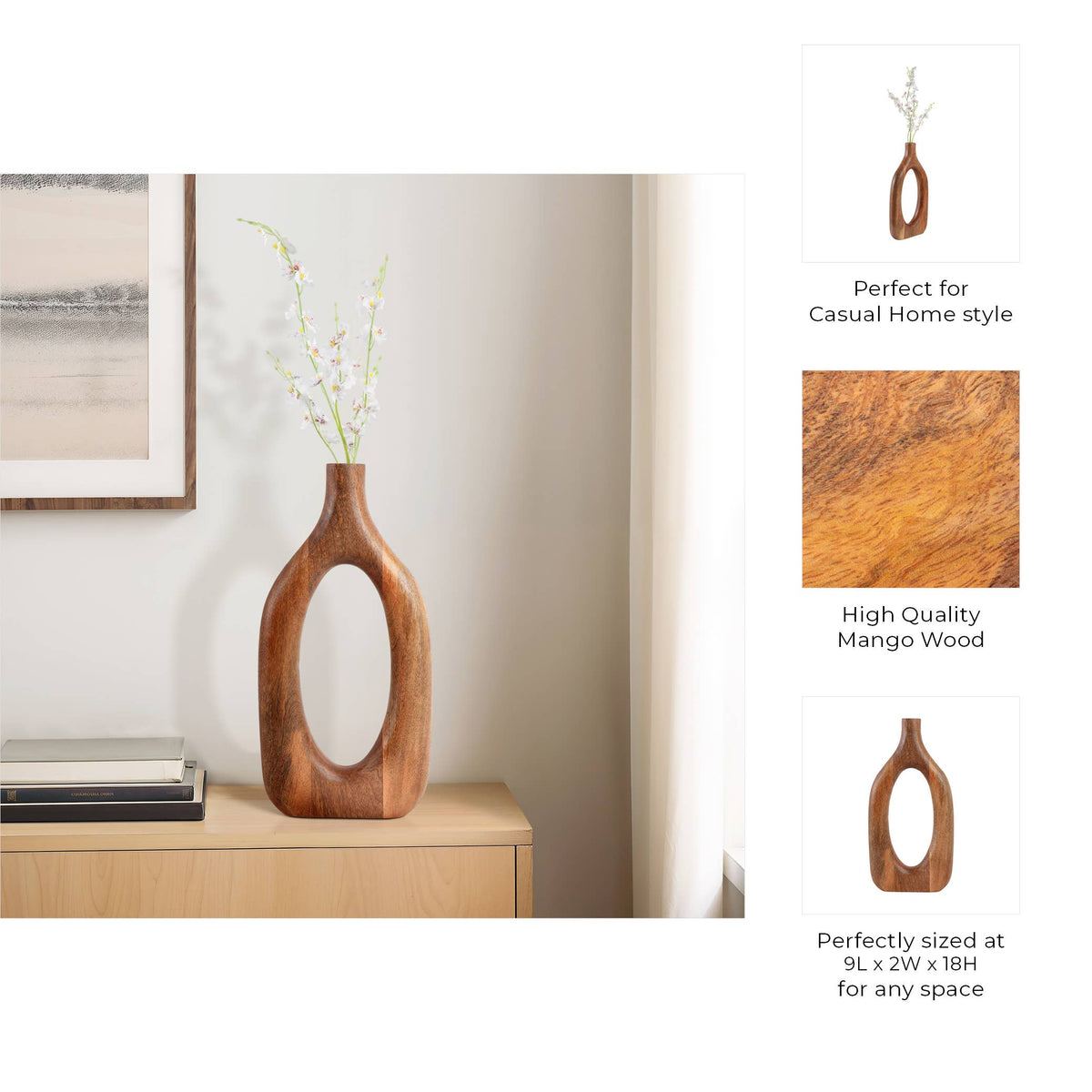 A wooden vase with an oval cutout and looped handle, shown in a styled interior scene on a console table. The right side includes three inset panels with a wood close-up, the text 'Perfect for Casual Home style,' 'High Quality Mango Wood,' and 'Perfectly sized at 9L x 20 x 18H for any space.
