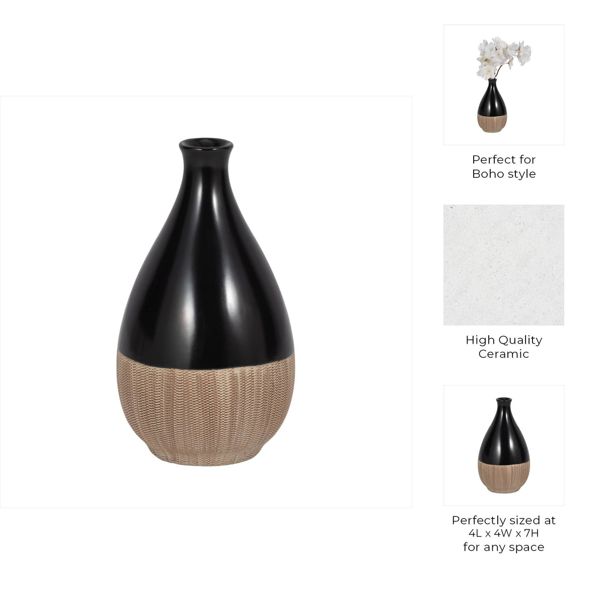 Black and woven ceramic vase with product features on a white background