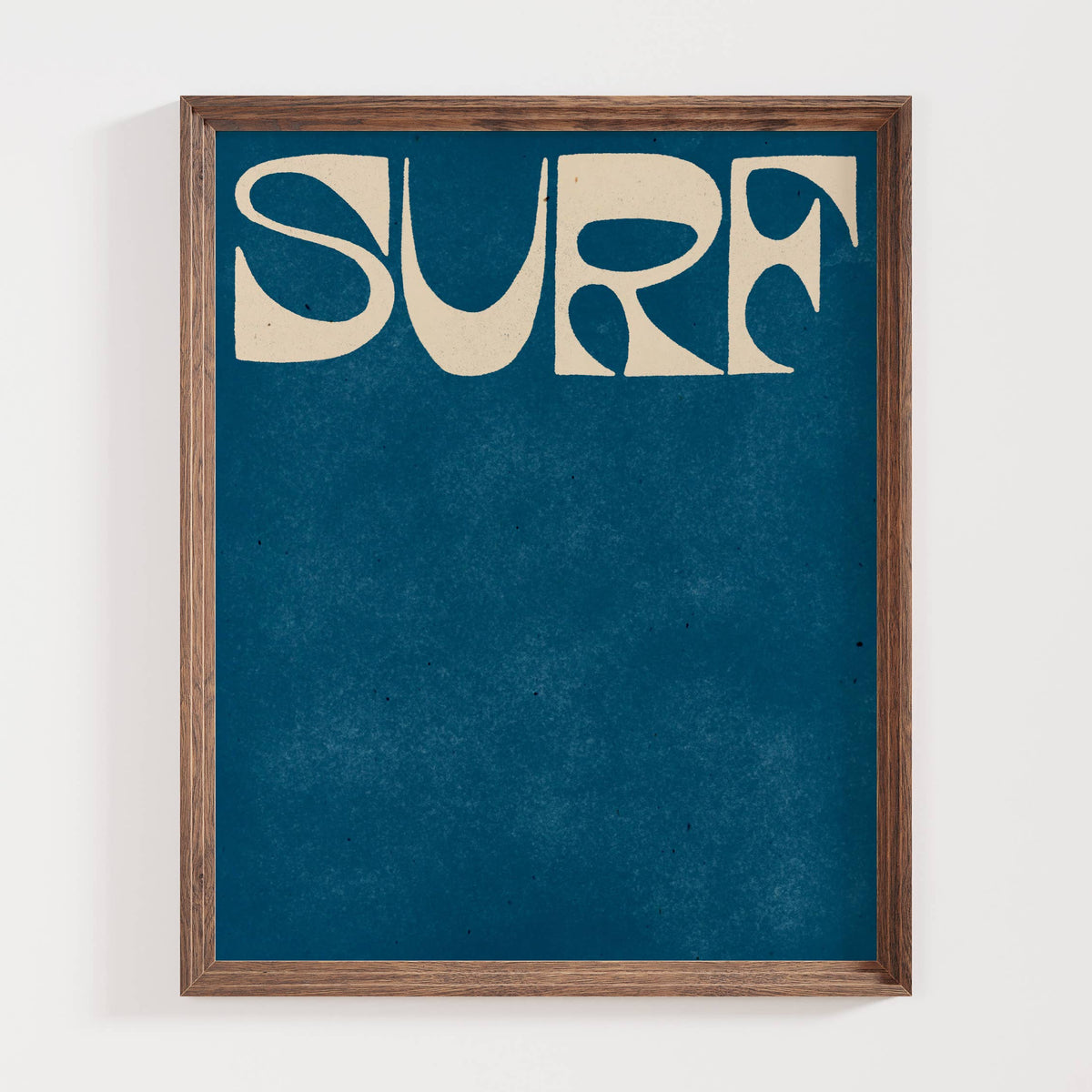 Framed artwork with 'SURF' text on a blue background