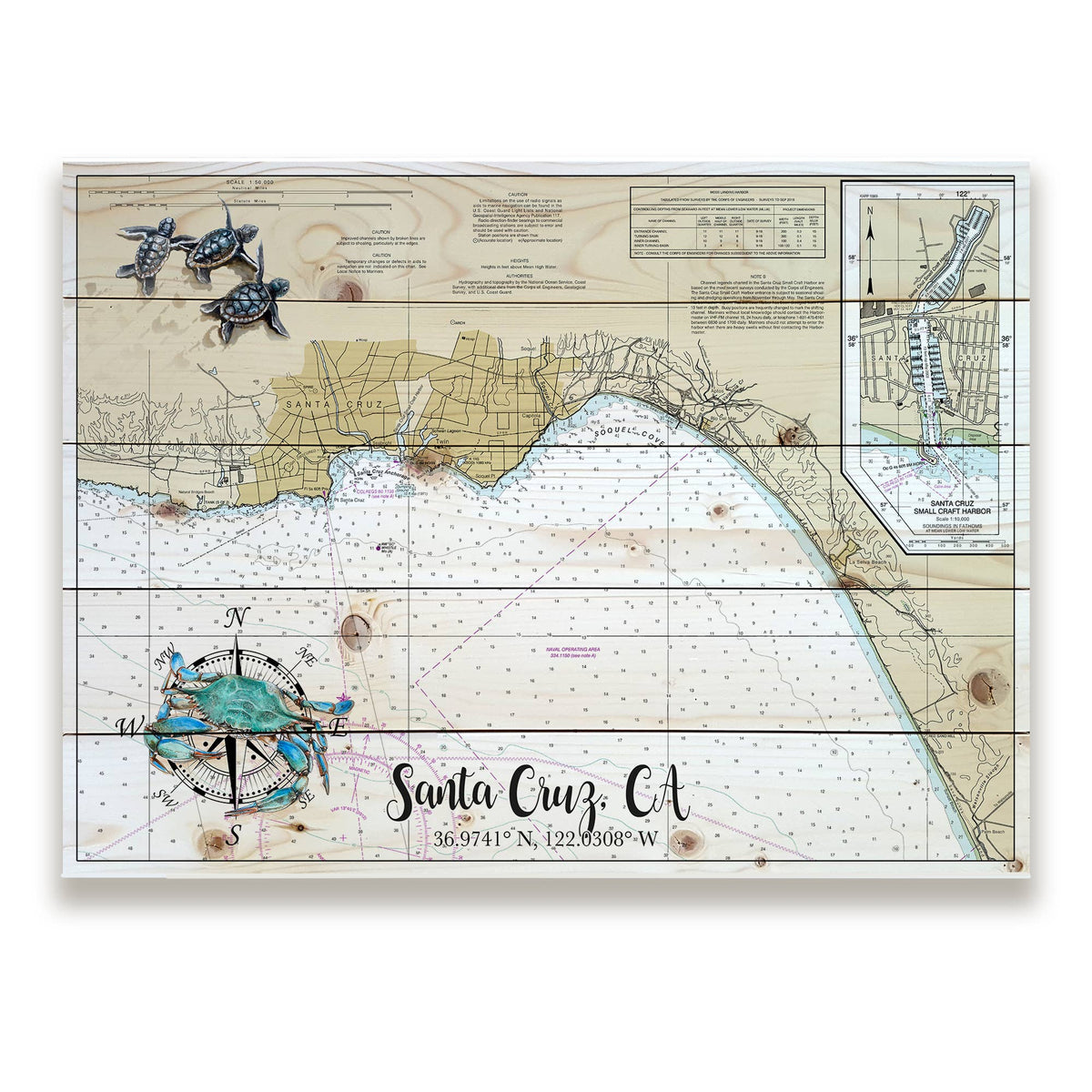 A square framed art print featuring a vintage nautical map of Santa Cruz, CA, styled with distressed wood planks, a compass rose, sea turtles, and a blue-green turtle illustration.