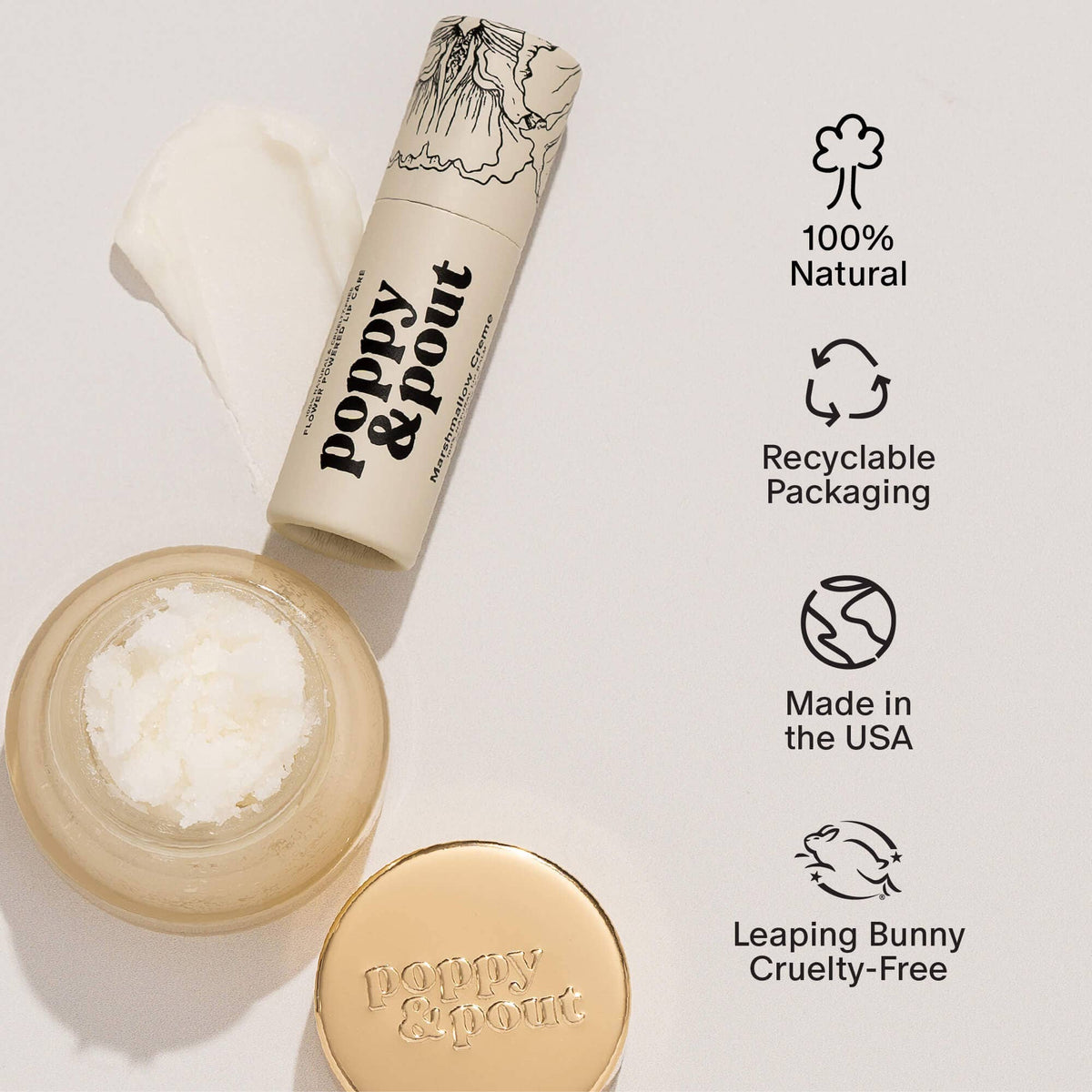 Poppy & Pout lip balm with open container on a light background, featuring sustainability icons.