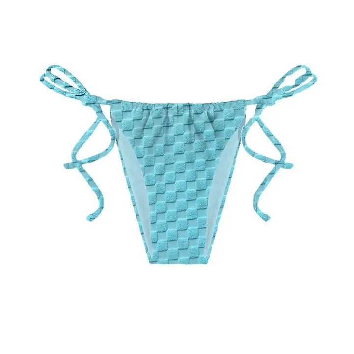 Blue textured bikini set on a white background