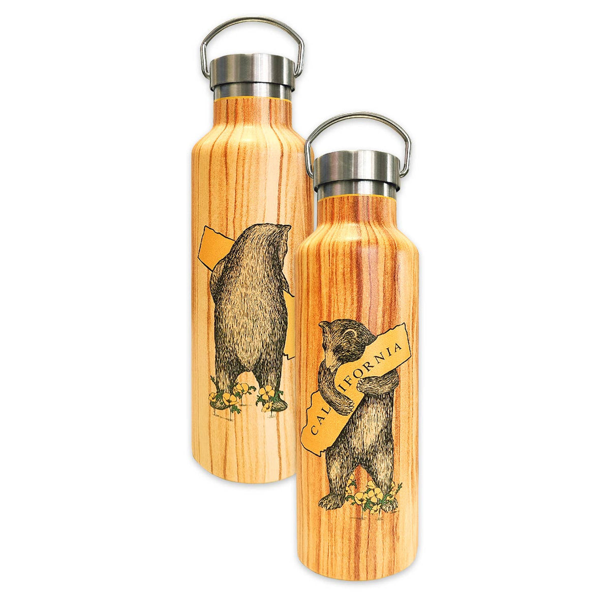 Two wooden water bottles with bear illustrations and 'California' text on a white background