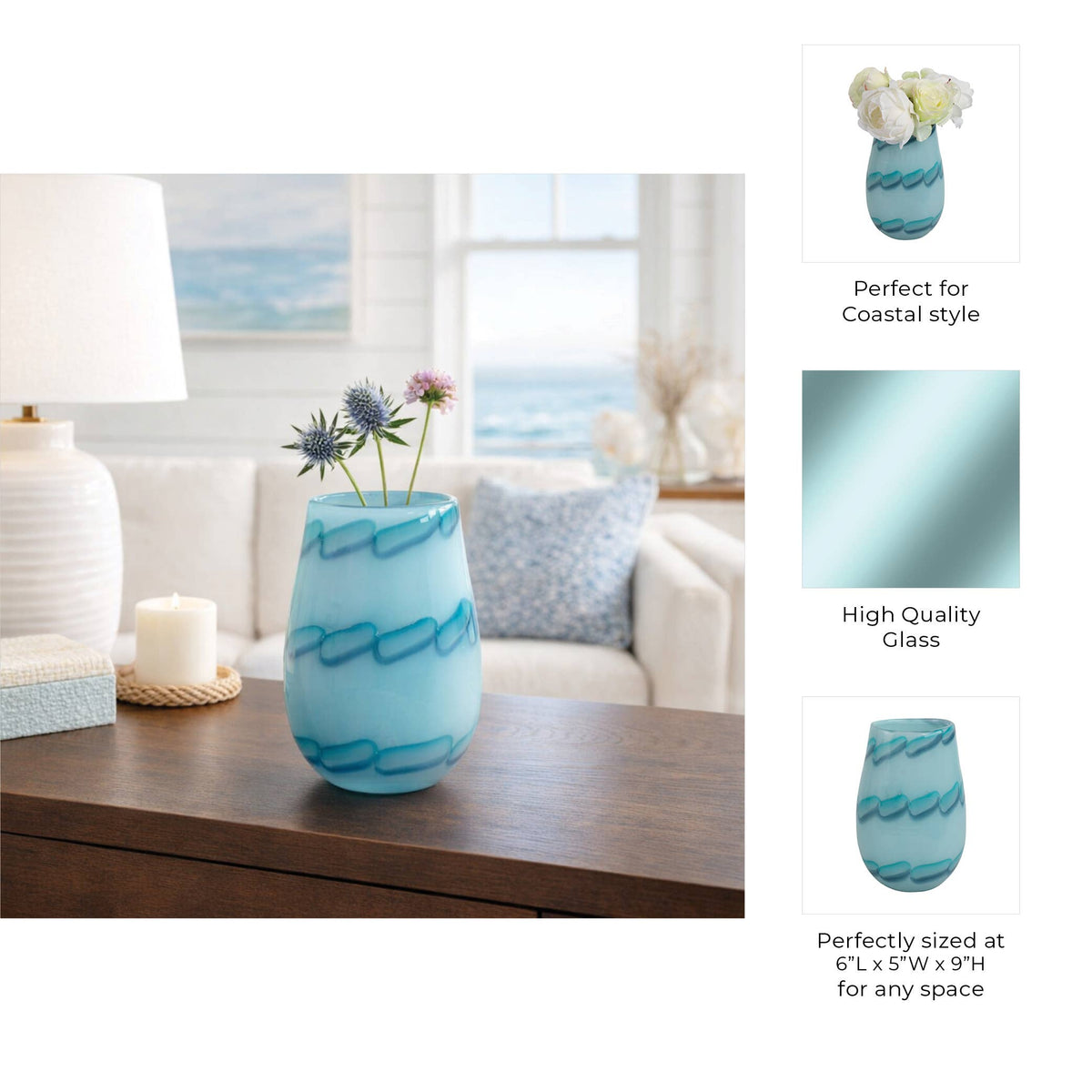 Blue glass vase with floral arrangement on a table in a coastal-themed room.