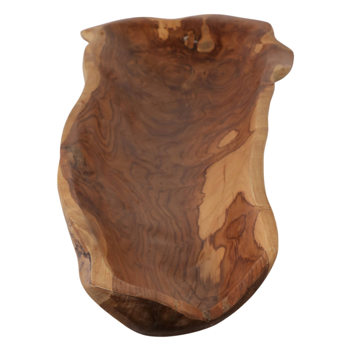 A handcrafted wooden serving platter with a natural live-edge shape and rich, swirling wood grain patterns in shades of brown and tan, isolated on a white background.