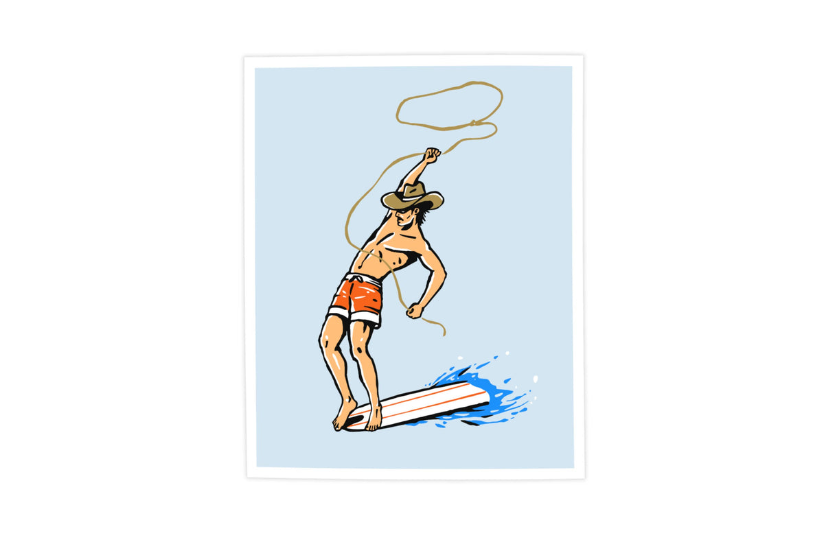 A retro-style art print featuring a cartoon cowboy in orange swim trunks and a hat, swinging a lasso over a white surfboard with blue water splash details, set against a light blue background.