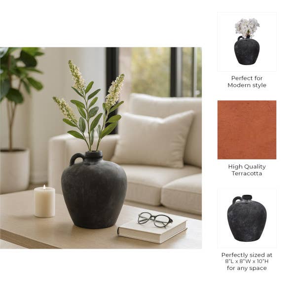 Black vase with plant on a table next to a couch, with product details on a white background.