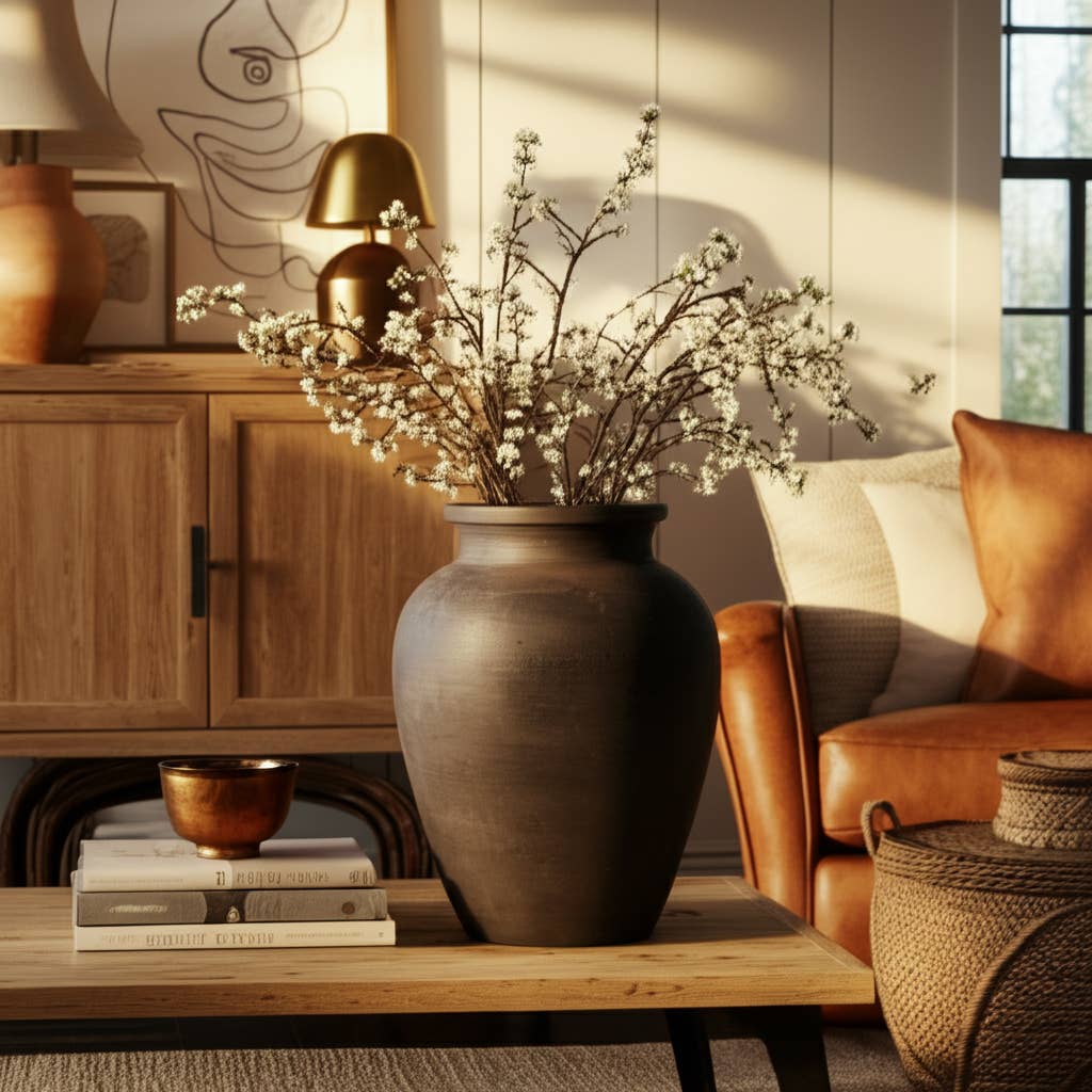 Decorative vase with branches on a wooden table in a cozy living room.