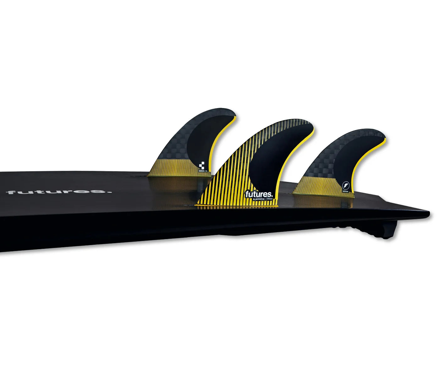 surfbaord with Futures P6 Blackstix Medium Thruster Fin Set