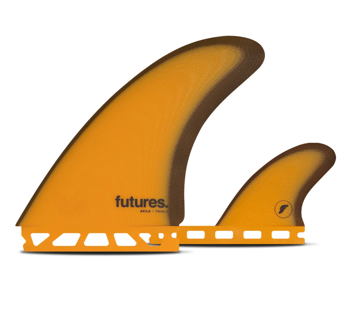 Two orange Futures Akila Aipa Fiberglass Twin +1 Fin Set
