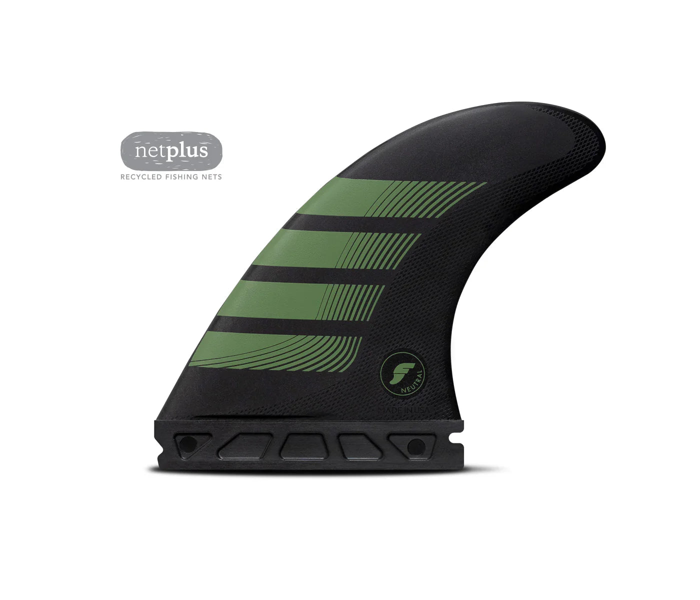 Black and green F8 Alpha Thruster-Carbon/Olive surf fin with branding on a white background