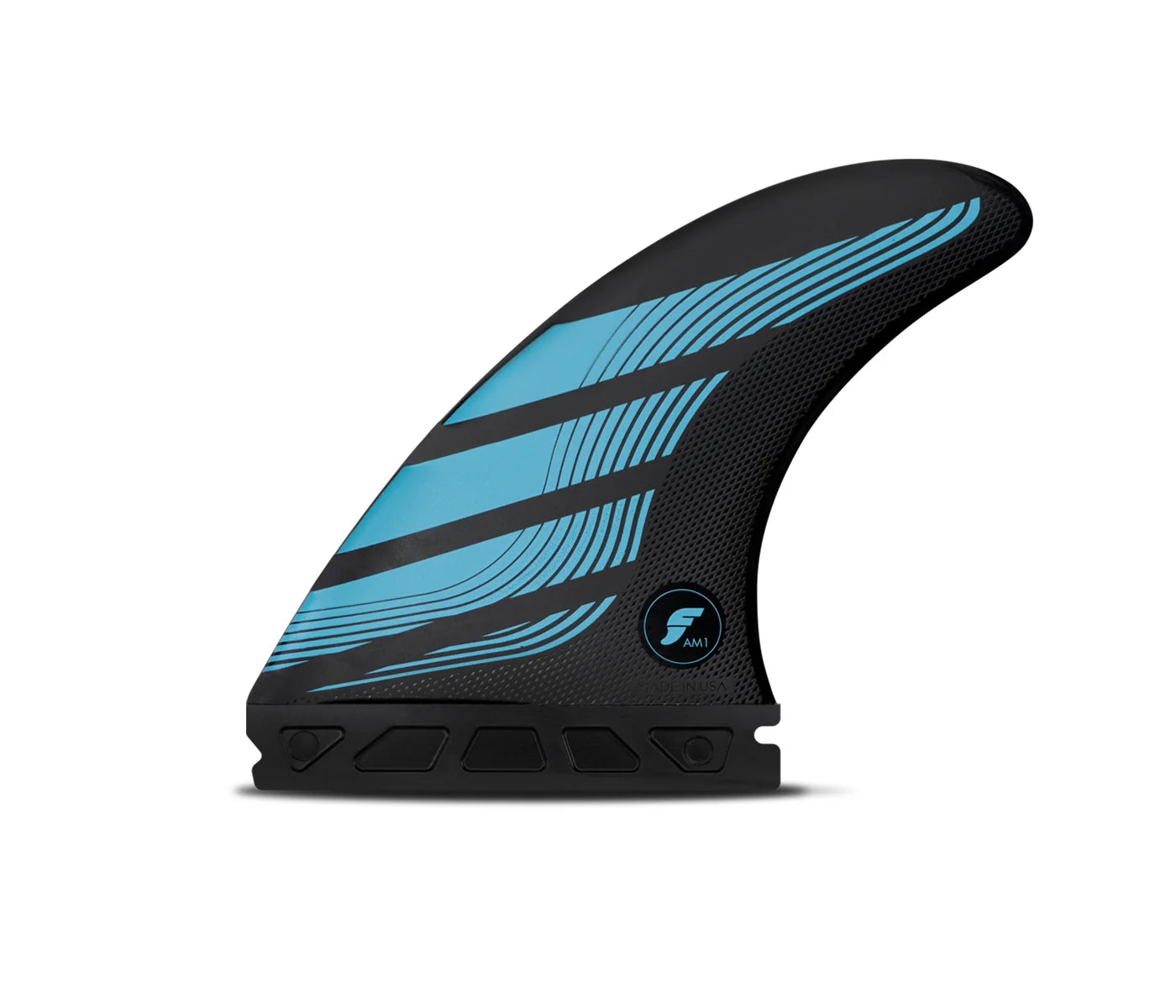 Black and blue Futures AM1 Alpha Thruster Fin Set