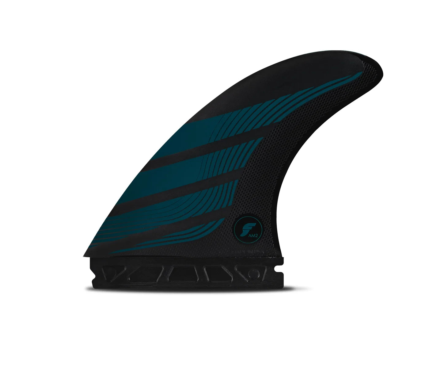 Black and AM2 Thruster-Alpha Series surf fin on a white background