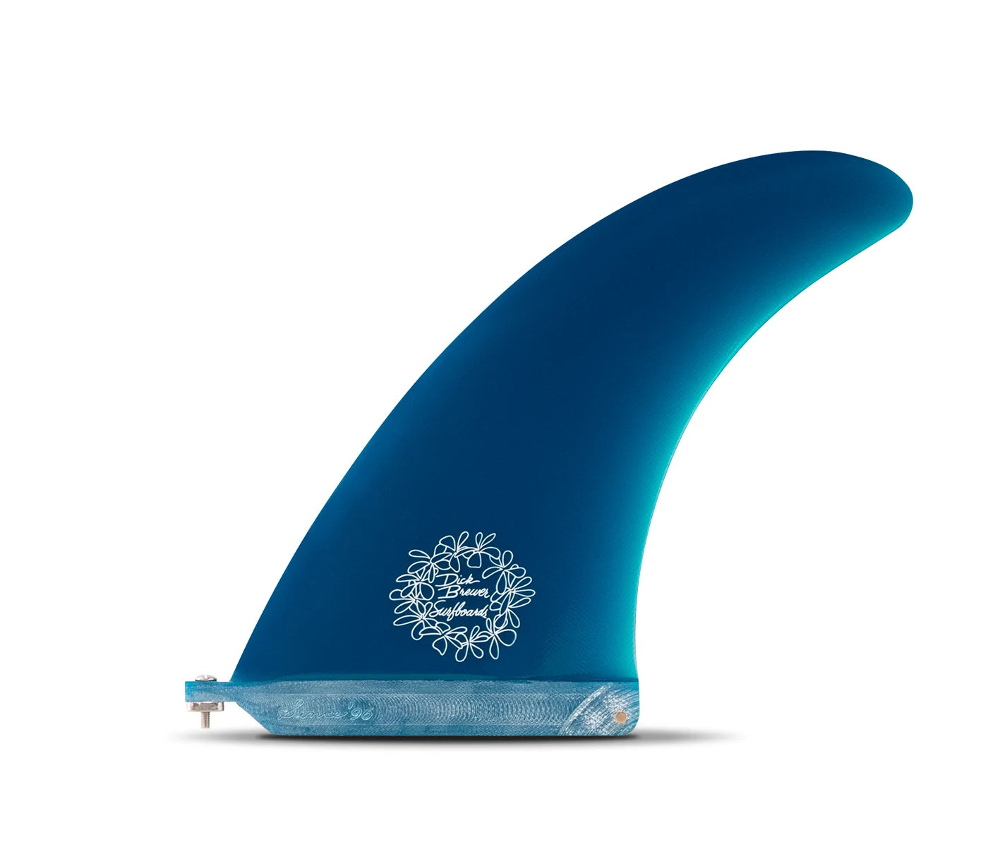 A single surfboard fin shown on a plain white background. The fin is predominantly a deep blue with a lighter cyan gradient toward the base. Futures Dick Brewer 8.0" Single Fin