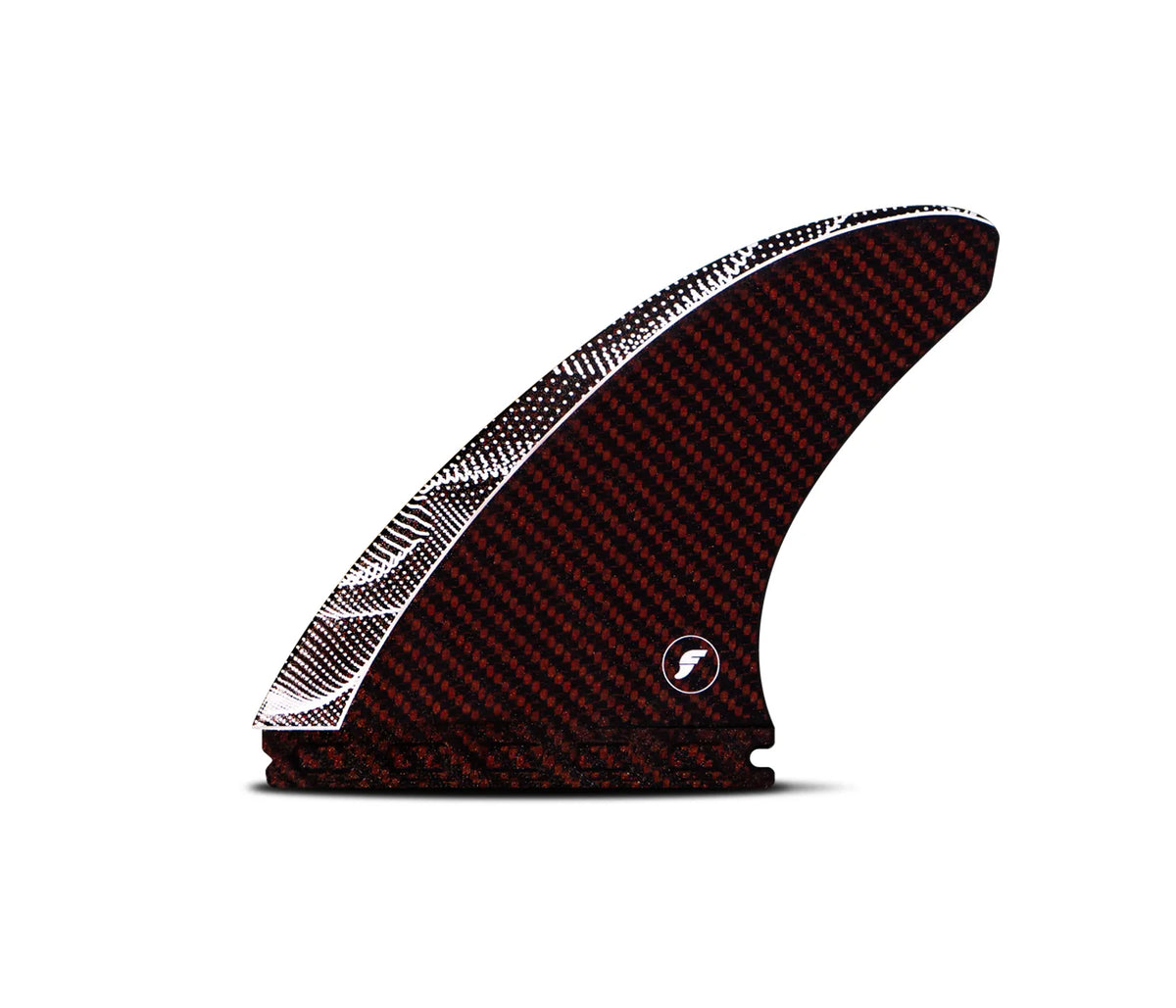 Carbon fiber JJF Vapor Core Scimitar Thruster Fins (Red) surfboard fin with a red and black pattern on a white background