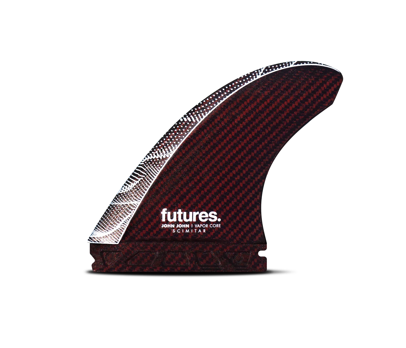 Carbon fiber JJF Vapor Core Scimitar Thruster Fins (Red) surfboard fin with 'futures' branding on a white background