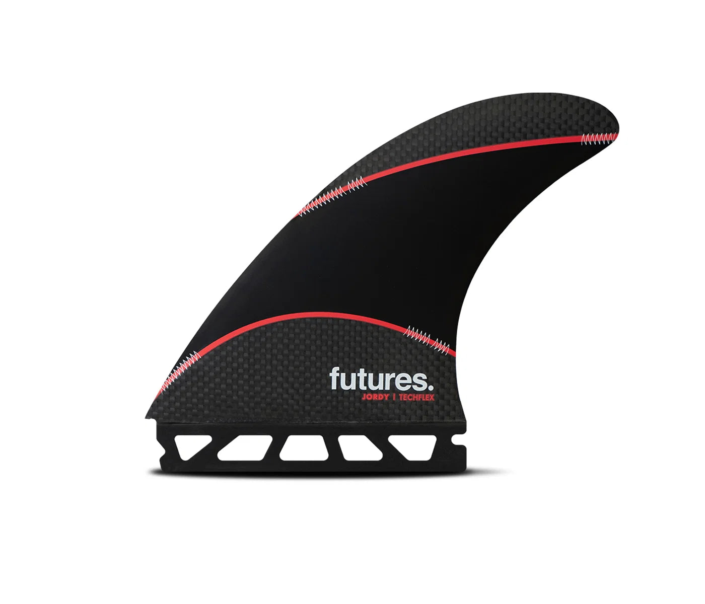 Black and red Futures Jordy Smith Signature Techflex Thruster Fin Set with 'futures' branding on a white background